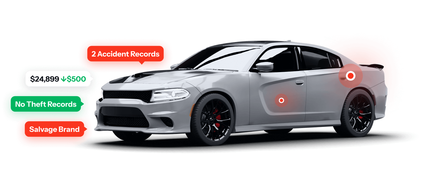 grey sports car with alerts showing its accident records, value, theft records and salvage branded title